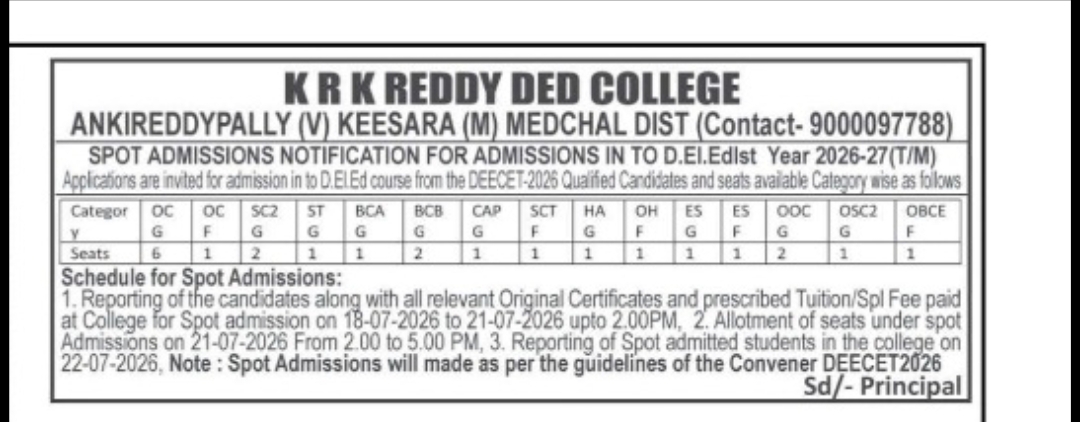Spot Admissions for D.El.Ed 1st Year 2026-27 – K R K Reddy D.Ed College