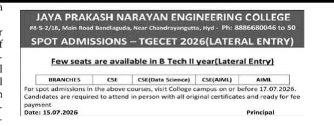 Spot Admissions Open for B.Tech II Year (Lateral Entry) – TGECET 2026
