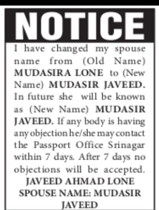 Spouse Name Change Notice – Mudasir Javeed