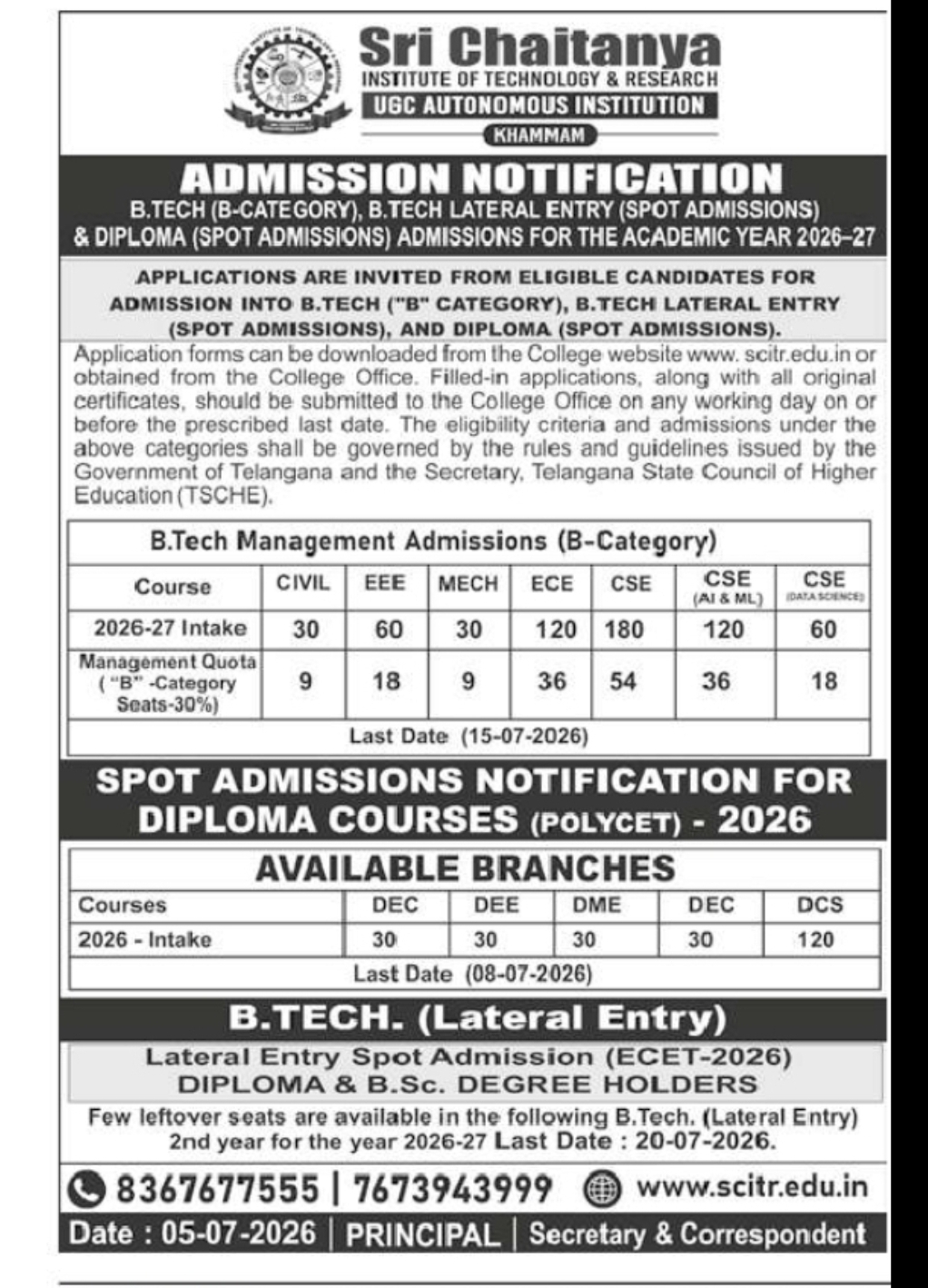 Sri Chaitanya Institute of Technology & Research – Admissions 2026–27