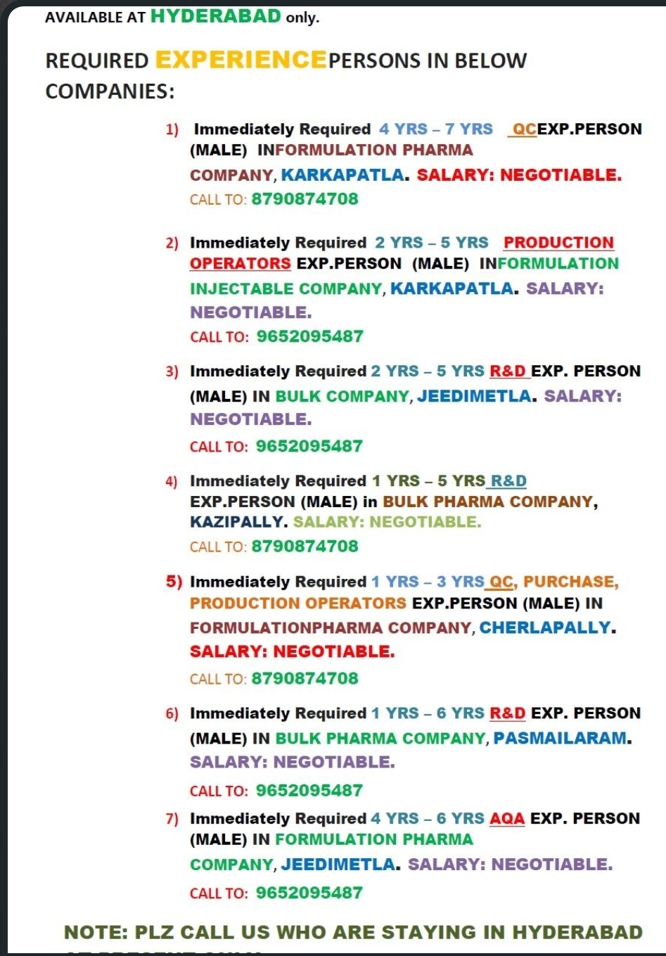 Srujani Pharma – Urgent Requirement @ Hyderabad