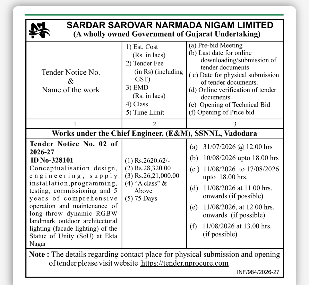 SSNNL Invites E-Tender for Architectural Lighting Work at Statue of Unity, Ekta Nagar