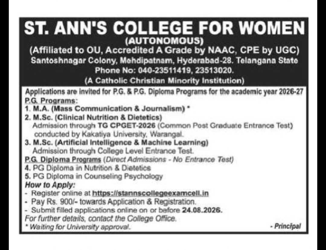 St. Ann's College for Women – PG Admissions 2026-27
