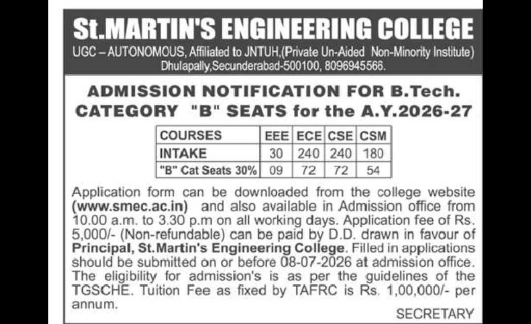 St. Martin's Engineering College – B.Tech Category-B Admissions 2026-27