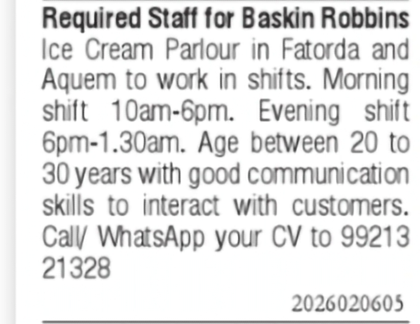 Staff Required – Baskin Robbins Ice Cream Parlour, Fatorda & Aquem