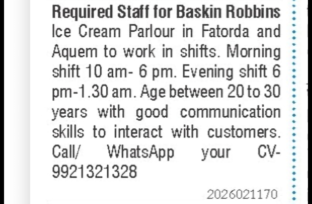 Staff Required for Baskin Robbins Ice Cream Parlour
