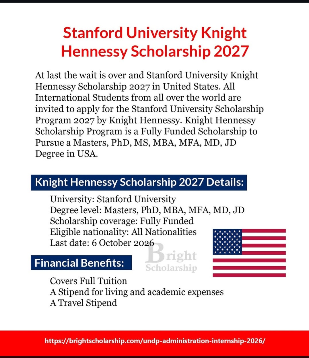 Stanford University Knight-Hennessy Scholarship 2027 in the United States