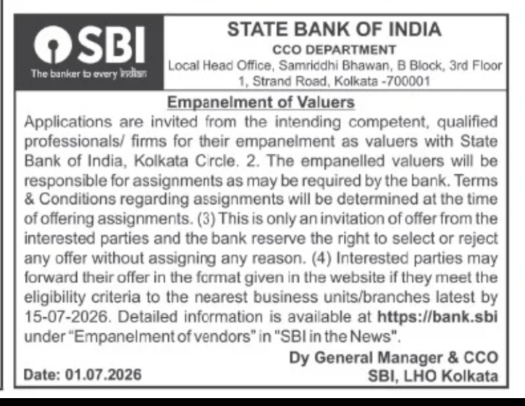 STATE BANK OF INDIA – Empanelment of Valuers