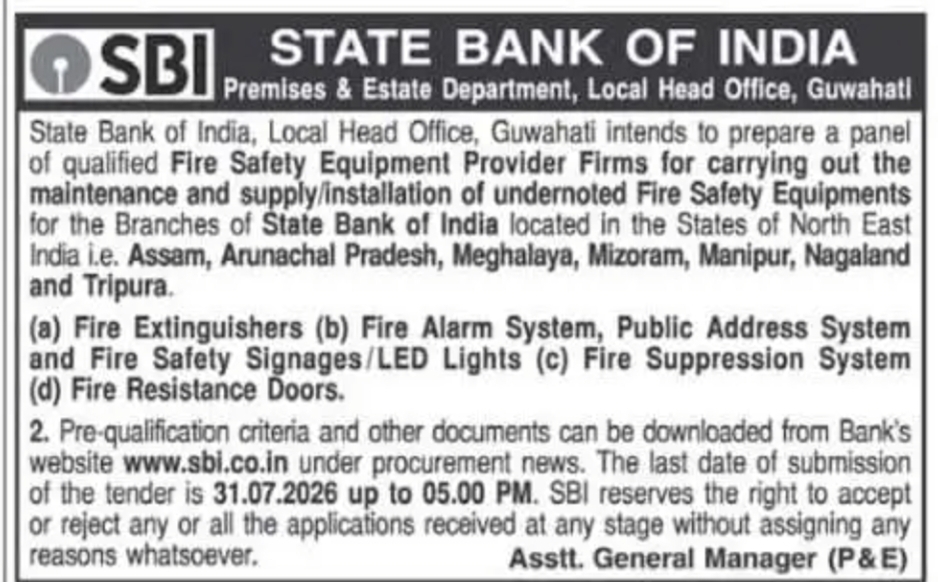 State Bank of India Invites Applications for Empanelment of Fire Safety Equipment Provider Firms – North East India