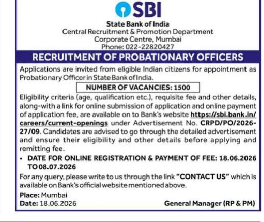 State Bank of India Probationary Officer Recruitment 2026–27 Notification (1500 Vacancies)