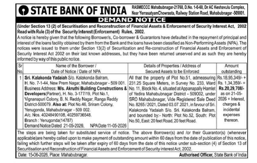 STATE BANK OF INDIA RASMECCC Mahabubnagar-21768, Mahabubnagar, Telangana