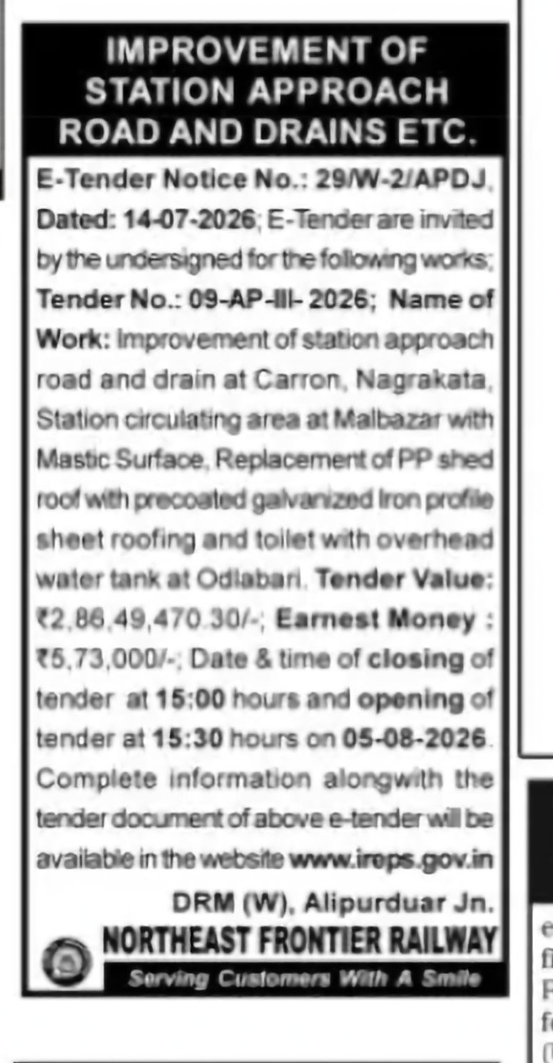 Station Infrastructure Improvement Works under Alipurduar Division