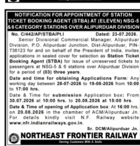 Station Ticket Booking Agent (STBA) Recruitment – Alipurduar Division