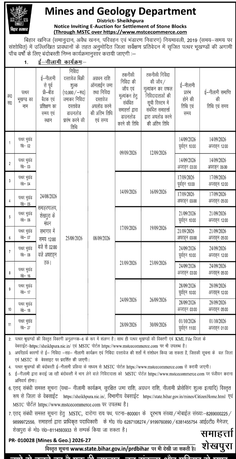 Stone Blocks E-Auction Notice – Sheikhpura, Bihar