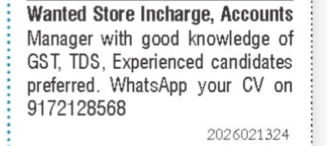 Store Incharge & Accounts Manager – Goa