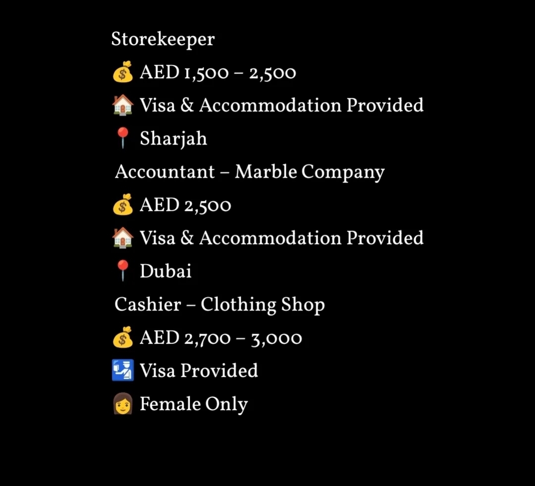 Storekeeper / Accountant / Cashier – UAE