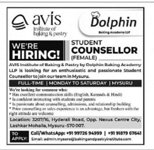Student Counsellor Vacancy at AVIS Institute of Baking & Pastry