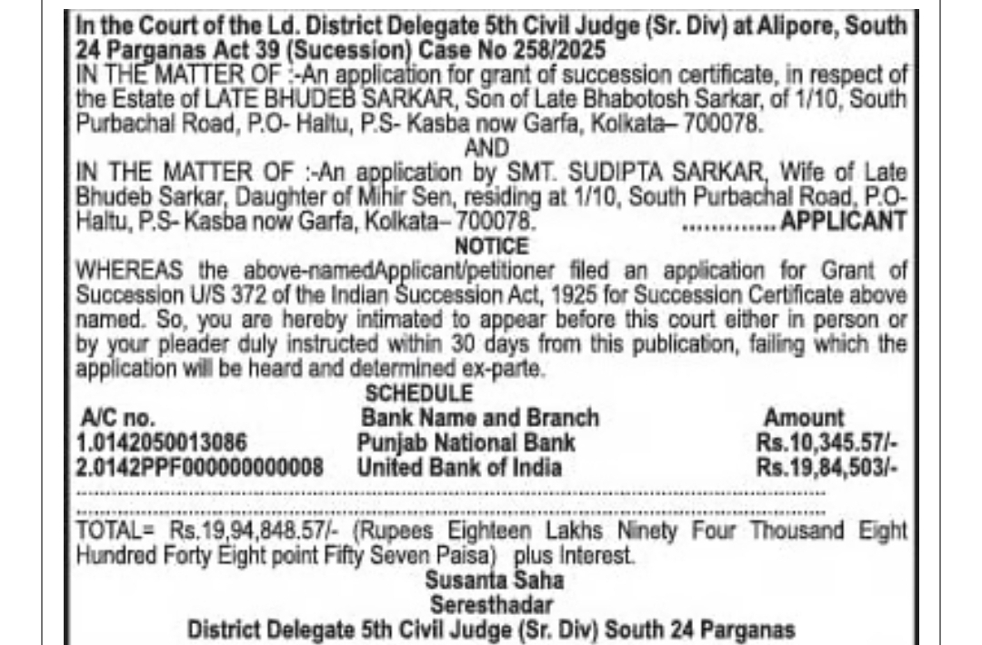Succession Certificate Public Notice – Estate of Late Bhudeb Sarkar