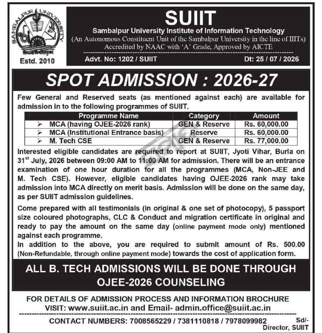 SUIIT Spot Admission 2026-27 – MCA and M.Tech CSE Admissions Open