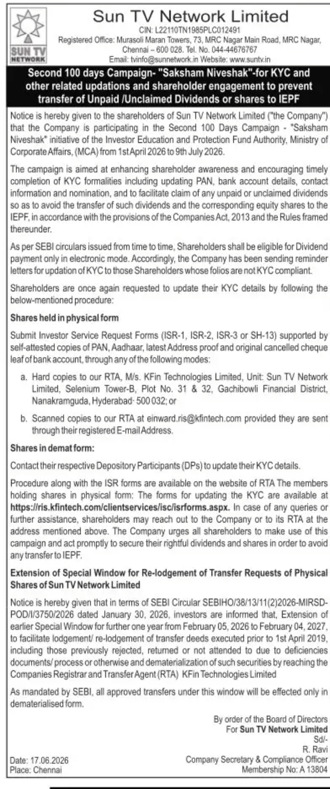 SUN TV NETWORK LIMITED – NOTICE TO SHAREHOLDERS