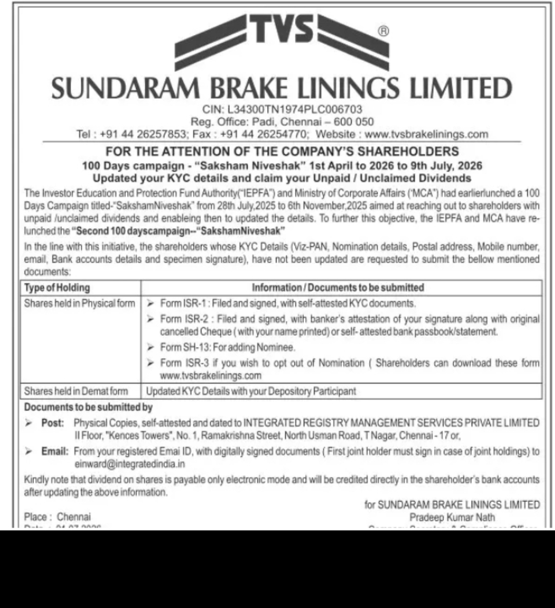 Sundaram Brake Linings Ltd. – Shareholders KYC Update & Unclaimed Dividend Notice