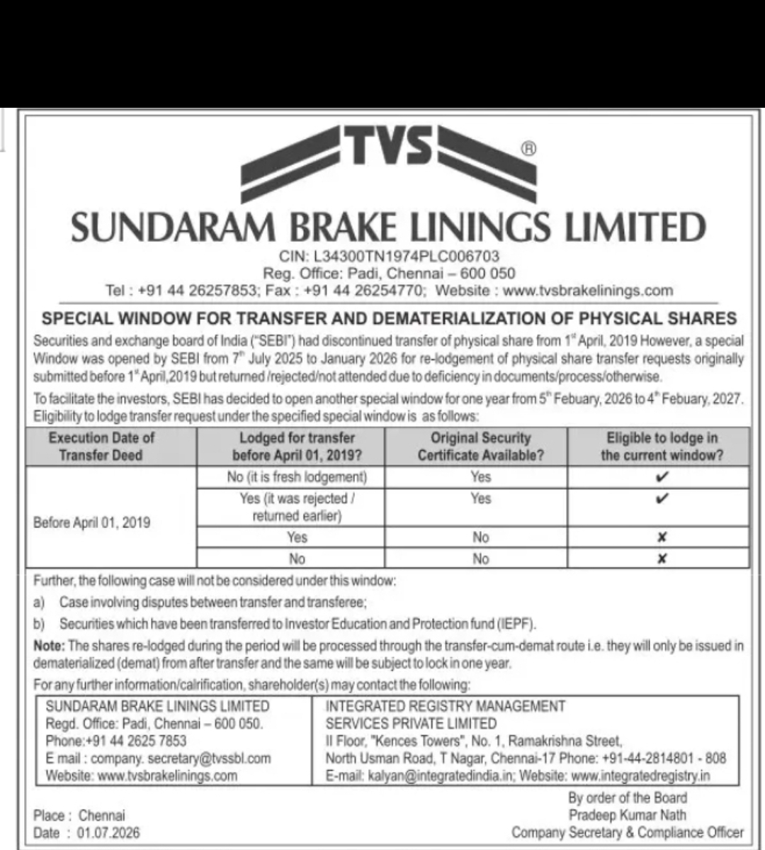 Sundaram Brake Linings Ltd. – Special Window for Transfer & Dematerialization of Physical Shares