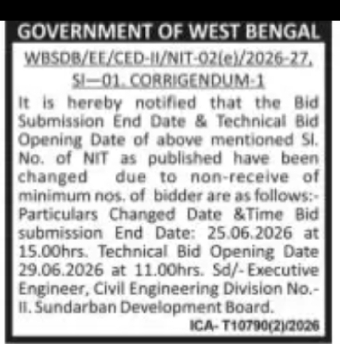Sundarban Development Board – Corrigendum Notice