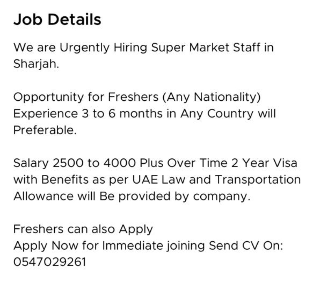 SUPERMARKET STAFF – URGENT HIRING (SHARJAH)