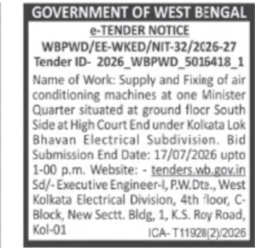 Supply and Fixing of Air Conditioning Machines at Minister Quarter, Kolkata