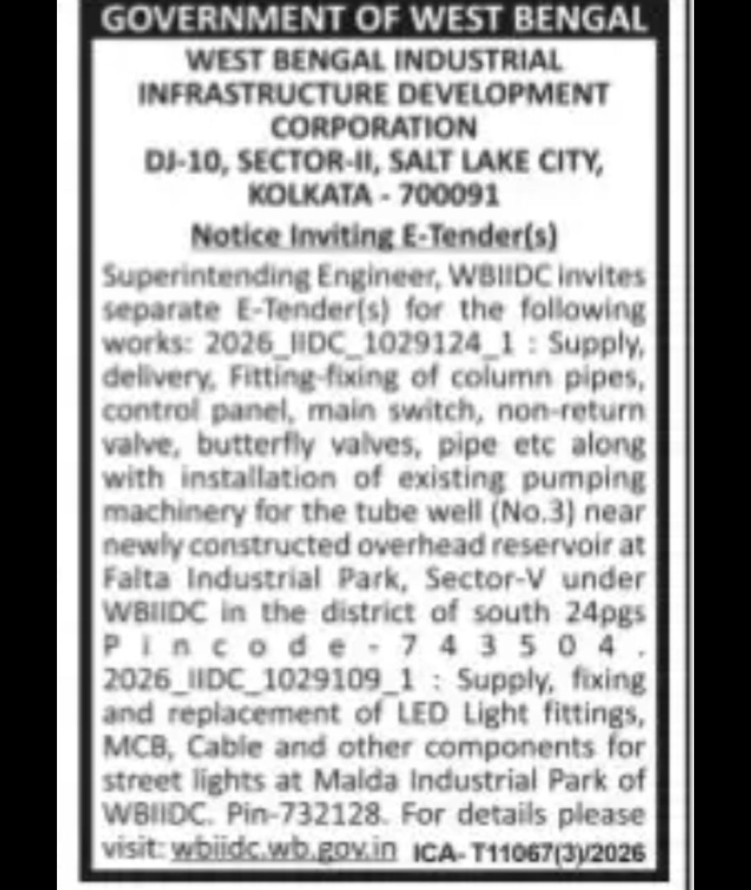 Supply, Installation and Maintenance Works at Falta Industrial Park (WBIIDC)