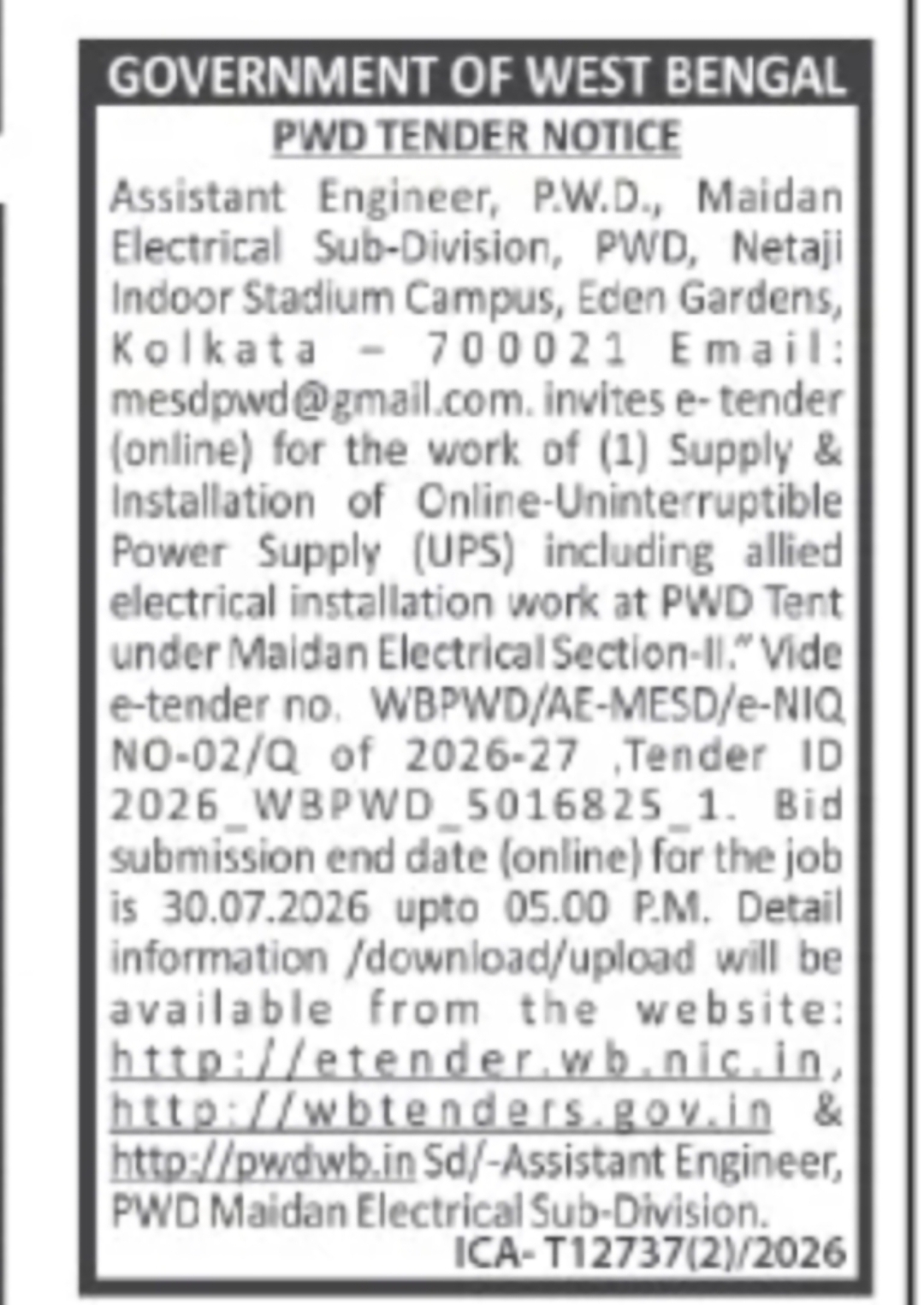 Supply & Installation of Online UPS System Tender