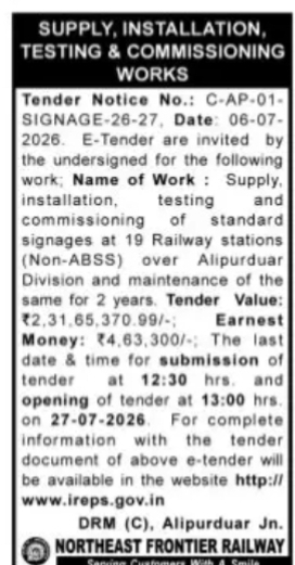 Supply, Installation, Testing & Commissioning of Railway Signages Tender
