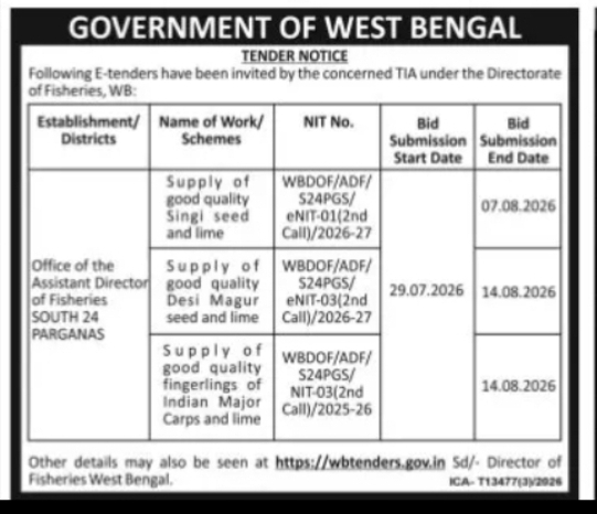 Supply of Fish Seeds & Lime, South 24 Parganas