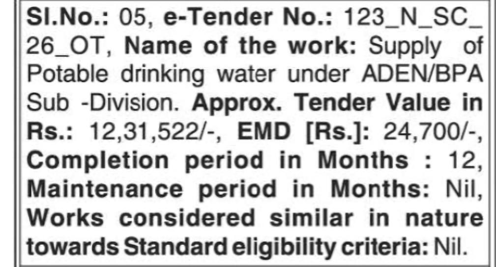 Supply of Potable Drinking Water Tender – ADEN/BPA Sub-Division
