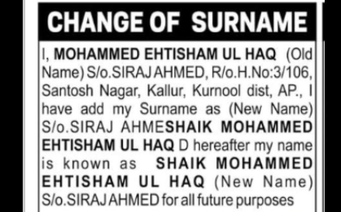 Surname Change Notice – Shaik Mohammed Ehtisham Ul Haq