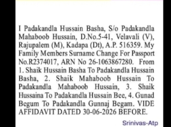 Surname Change – Shaik to Padakandla