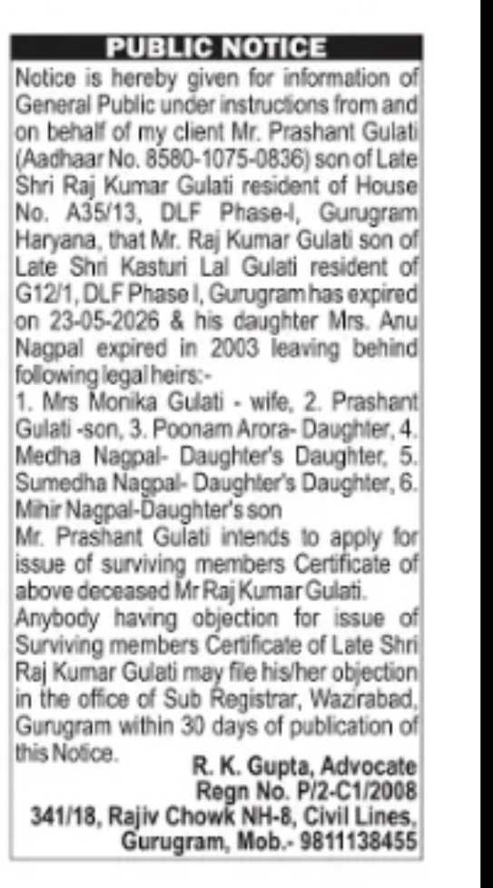 Surviving Member Certificate Public Notice – Late Sh. Raj Kumar Gulati