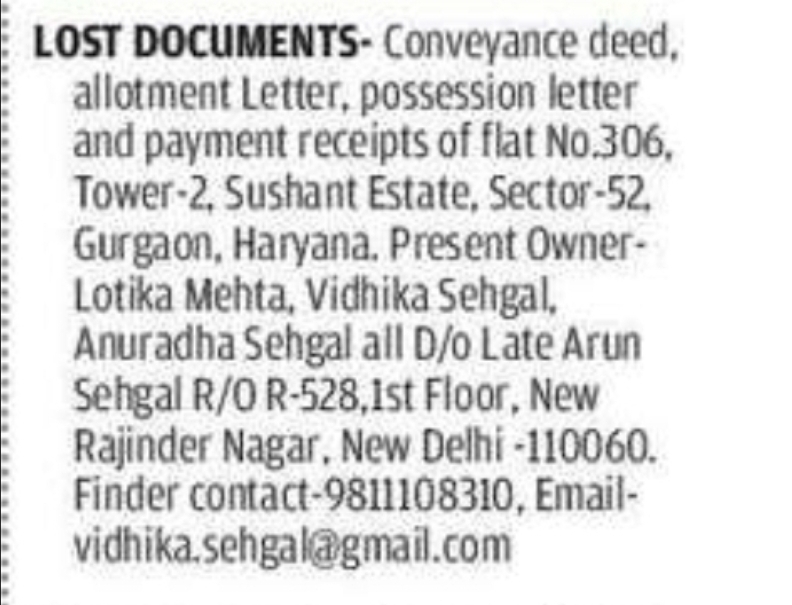 Sushant Estate, Gurgaon – Lost Property Documents