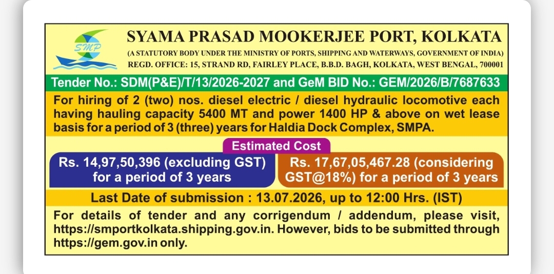 Syama Prasad Mookerjee Port Invites Tender for Hiring Diesel Electric/Diesel Hydraulic Locomotives