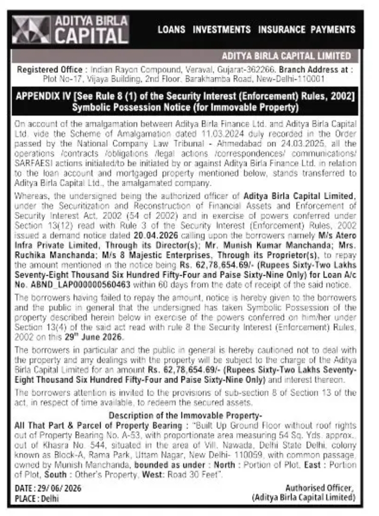 SYMBOLIC POSSESSION NOTICE – ADITYA BIRLA CAPITAL LIMITED (DELHI)