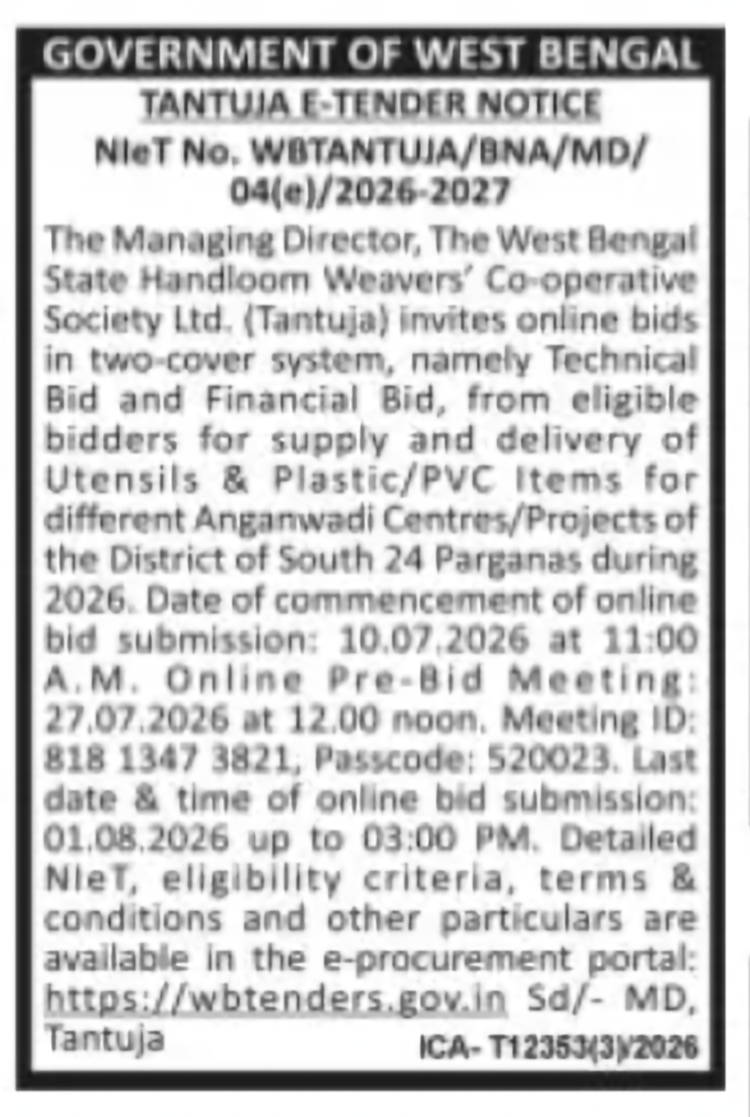 Tantuja Invites Tender for Anganwadi Supplies