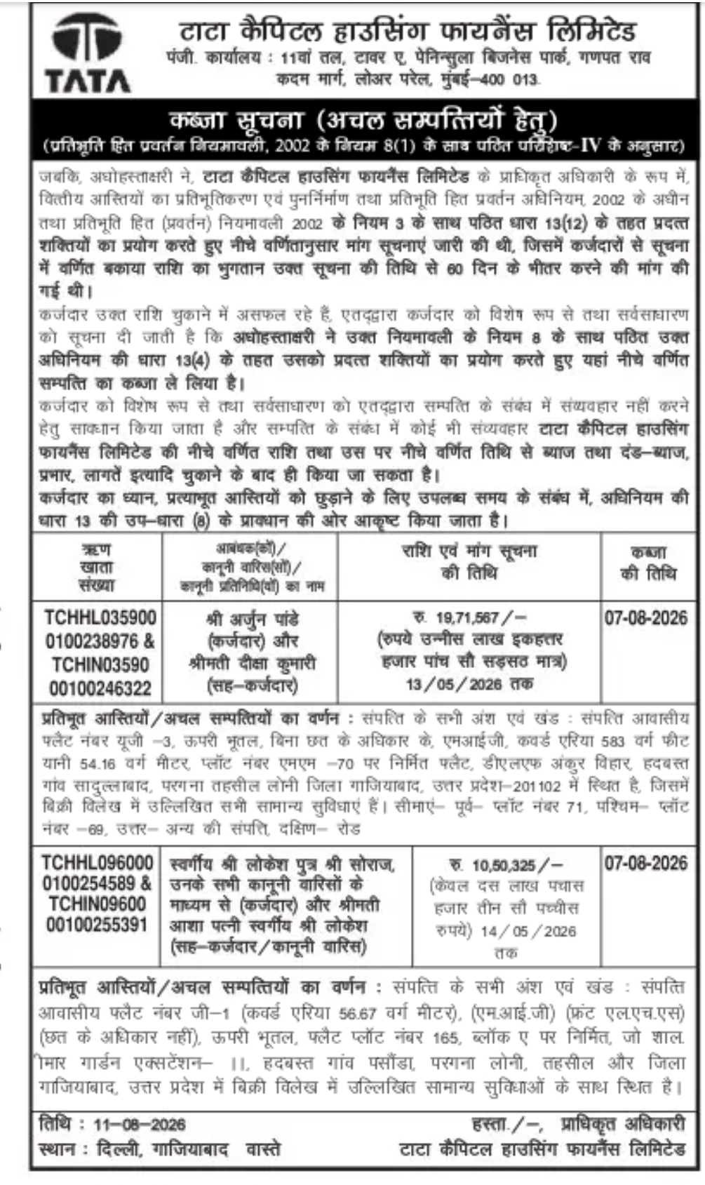 Tata Capital Housing Finance Ltd. – Possession Notice for Properties in Ghaziabad