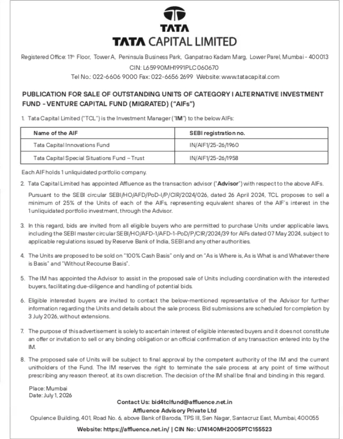 Tata Capital Invites Bids for Sale of Outstanding Units of Category I AIFs