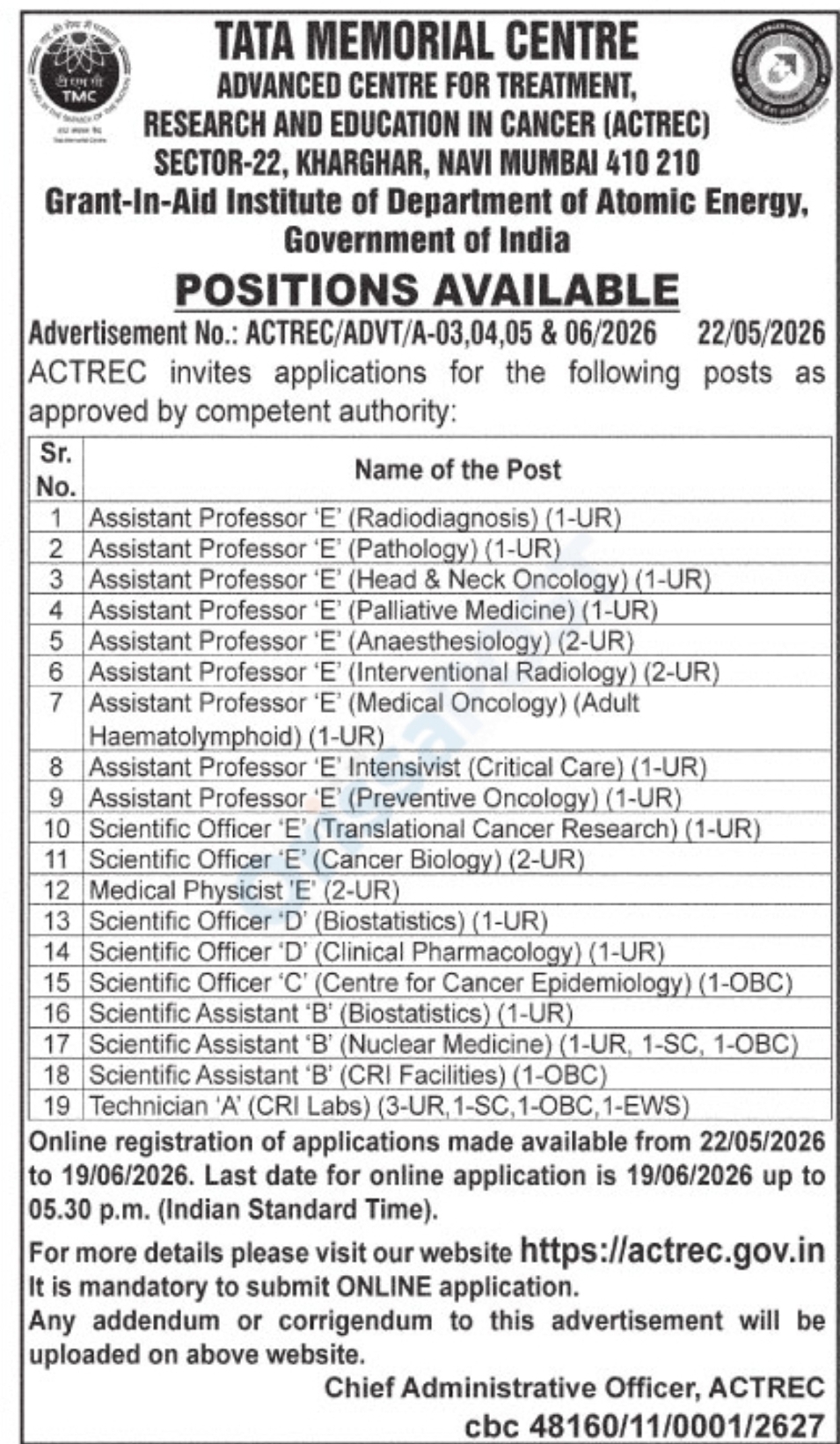 Tata Memorial Centre (ACTREC) Recruitment 2026