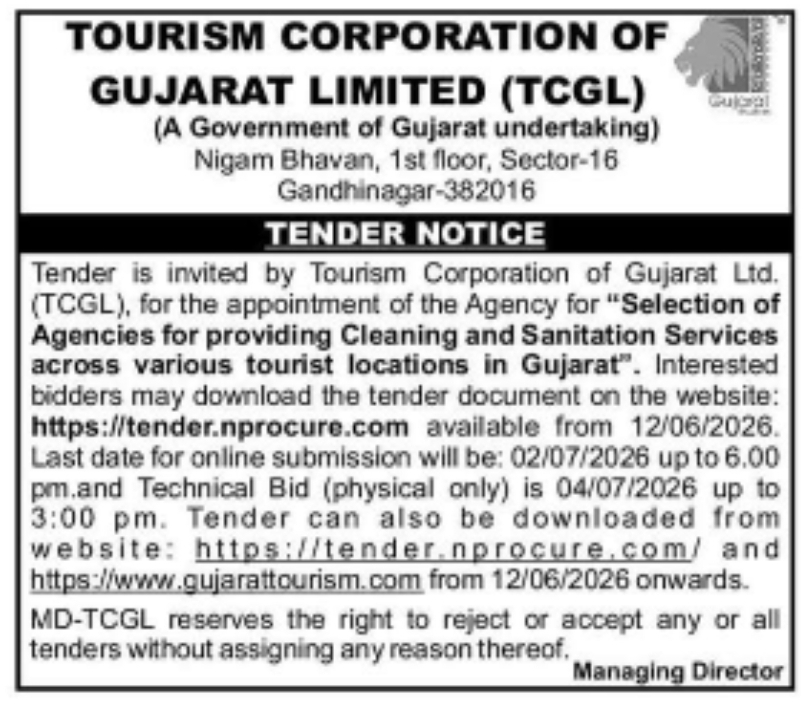 TCGL Tender Notice for Cleaning and Sanitation Services Across Tourist Locations in Gujarat