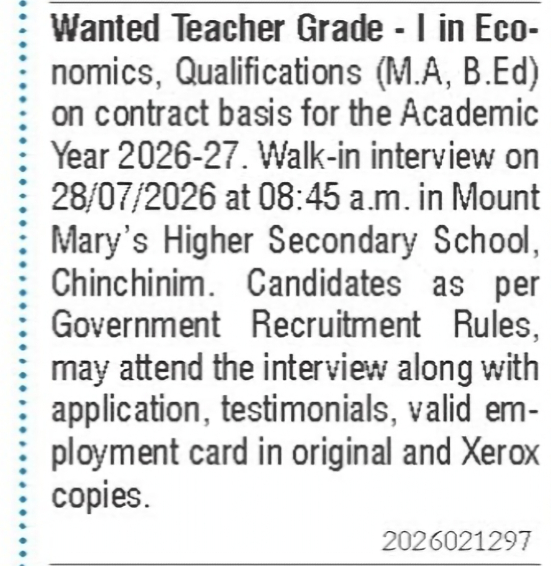 Teacher Grade-I (Economics) Required