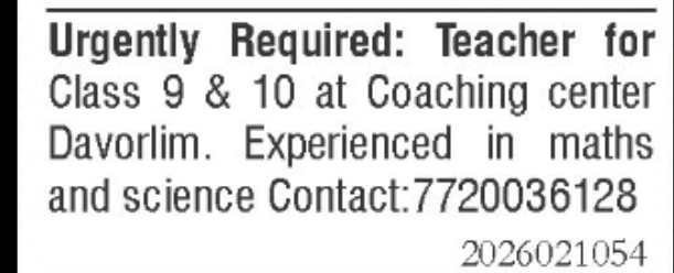 Teacher Required for Coaching Centre in Davorlim