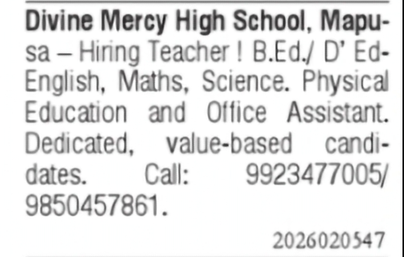 Teachers & Office Assistant Required – Divine Mercy High School, Mapusa