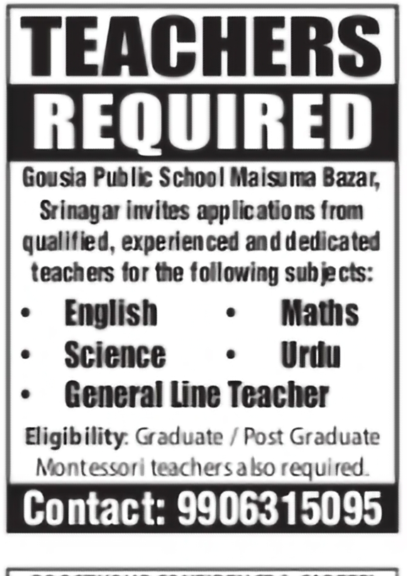 Teachers Required at Gousia Public School, Srinagar