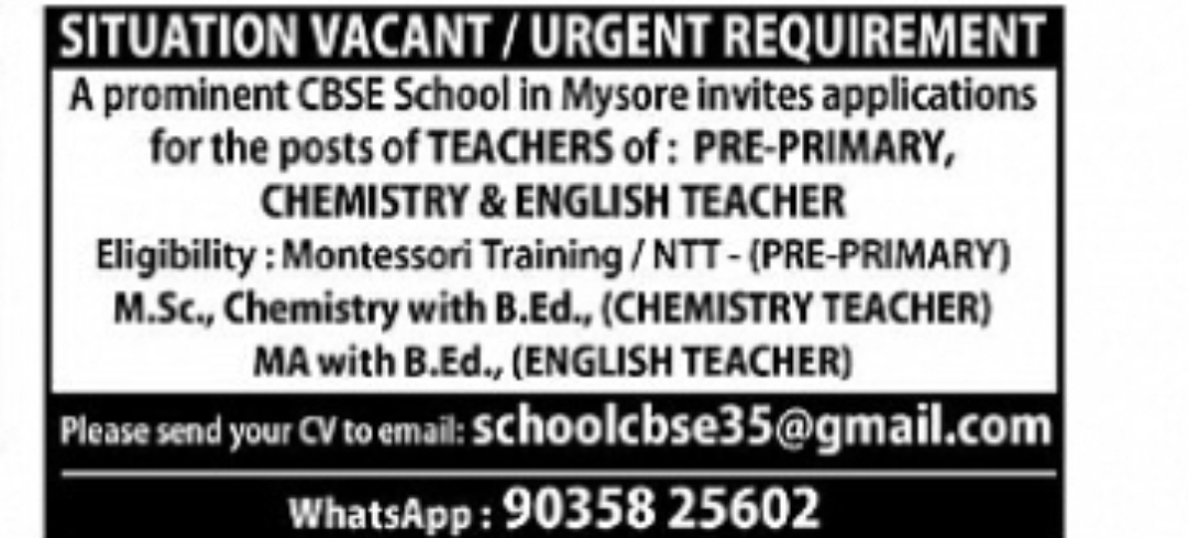 Teachers Required for CBSE School in Mysore